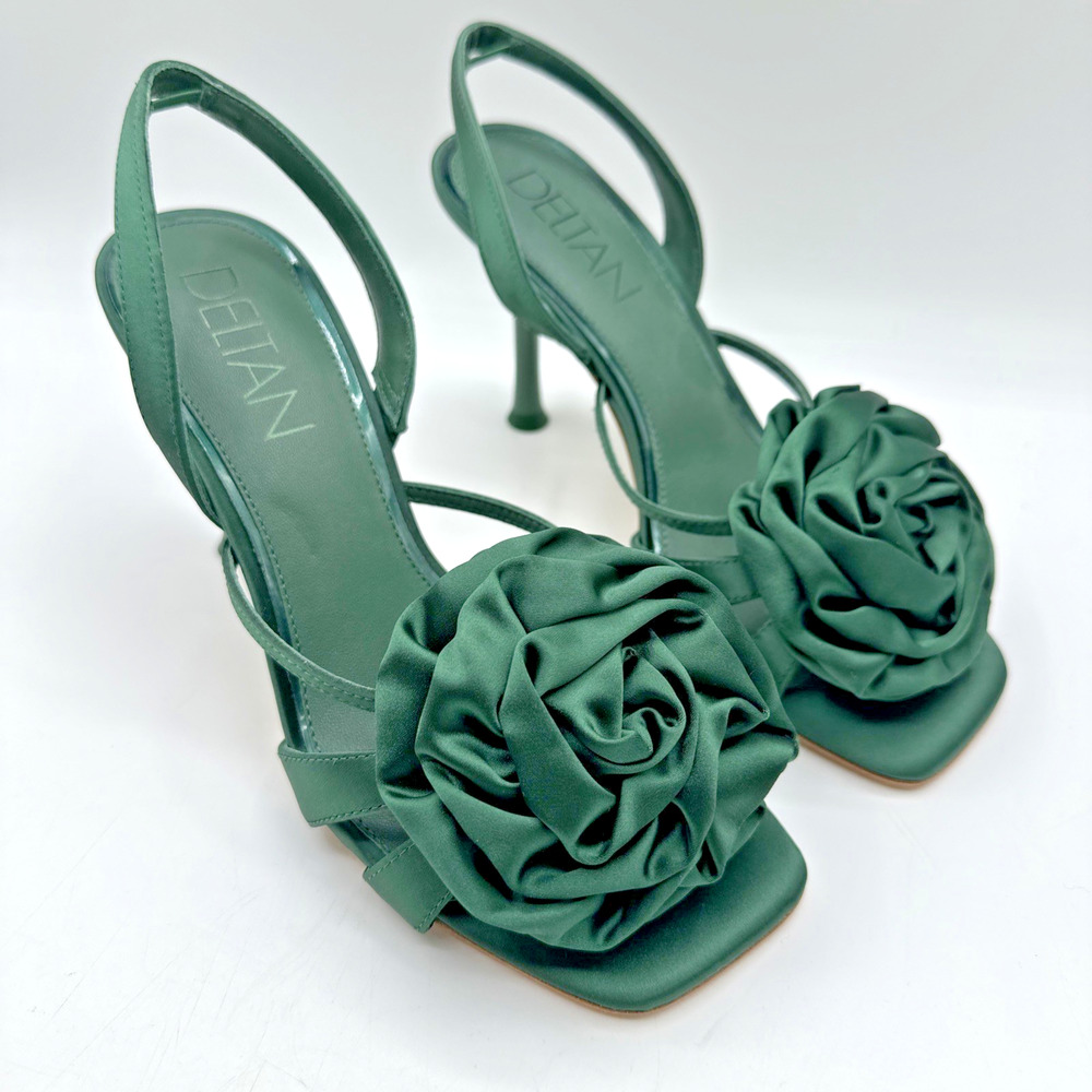 Deltan Size 7M Hunter Green Satin Flower Heels Leather Sole Slingback Sandals